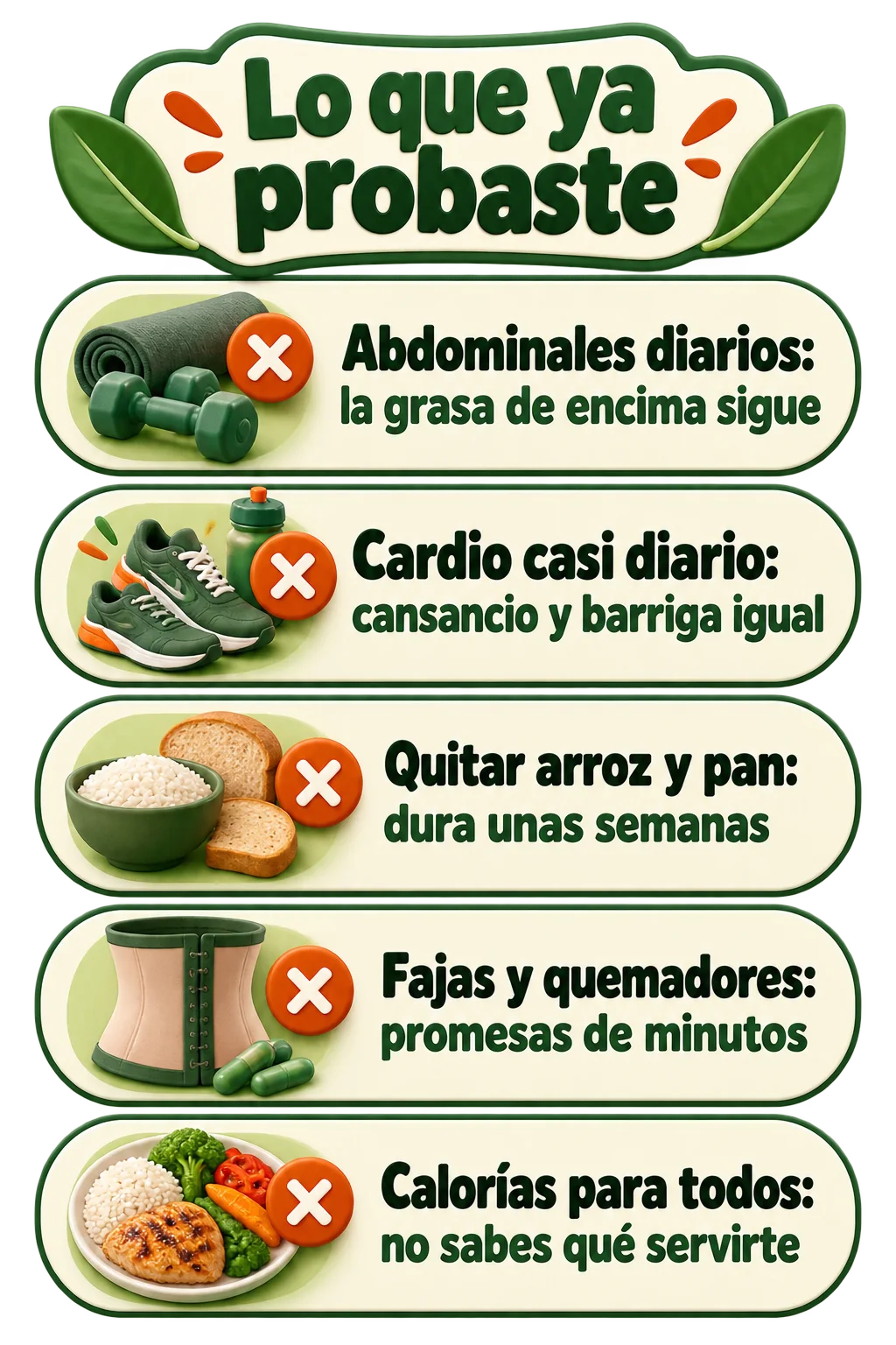 ✕ Abdominales todos los días. Trabajan el músculo, pero la grasa de encima no se quema por hacerlos. ✕ Cardio casi diario. Te deja cansado y la barriga sigue en el mismo lugar. ✕ Quitar el arroz, el pan y la harina. Dura unas semanas y choca con la comida de tu casa. ✕ Quemadores, fajas y masajeadores. Prometen minutos o tallas al instante y dejan la desconfianza. ✕ Planes de calorías iguales para todos. Cuentas números y sigues sin saber qué servirte.