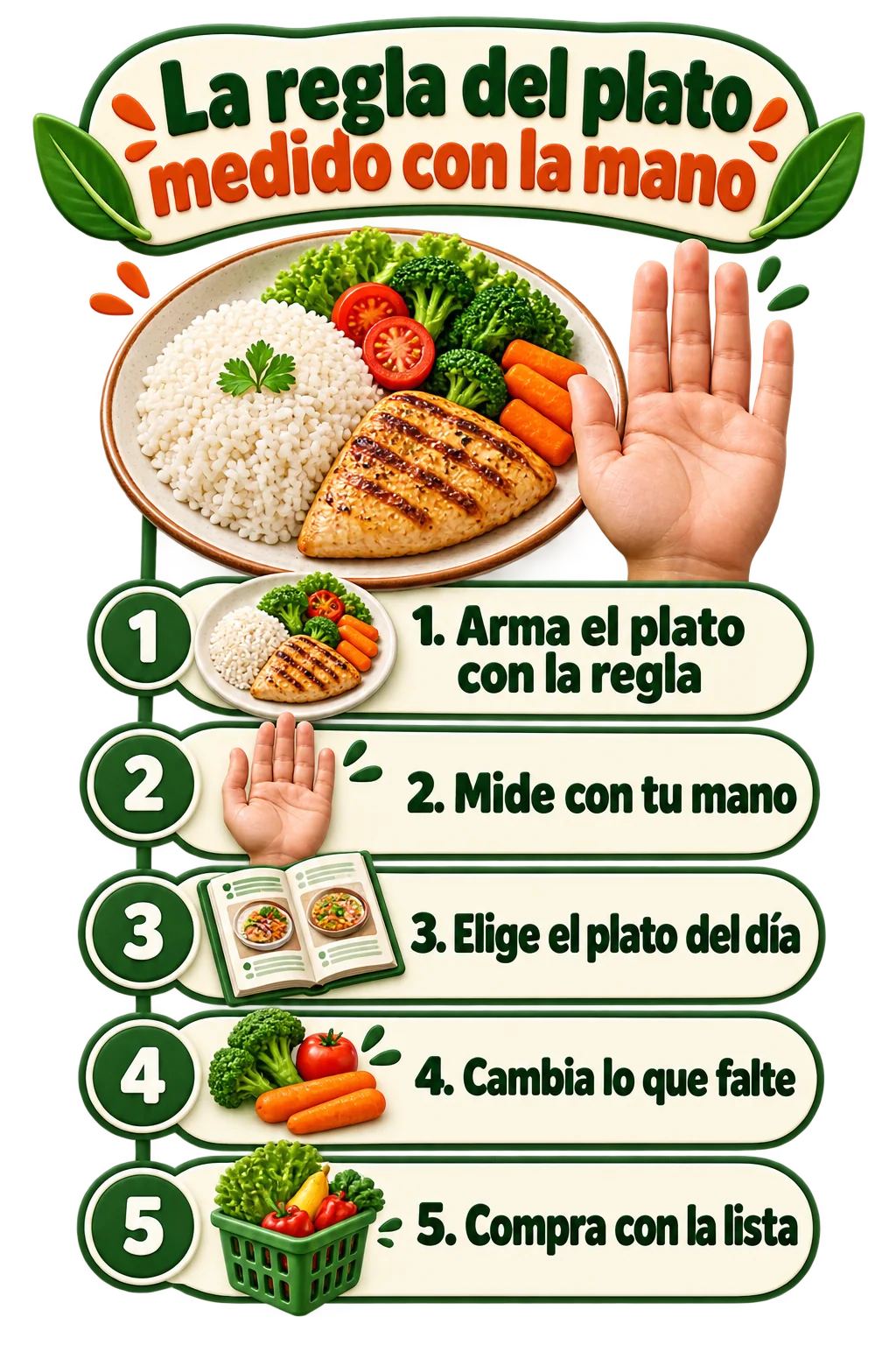 1. Arma el plato con la regla. Una página te muestra dónde va el arroz, dónde la proteína y dónde la verdura. 2. Mide con tu mano. Tu palma y tu puño marcan cuánto servir de cada cosa, sin balanza. 3. Elige el plato del día. 20 desayunos, 20 almuerzos y 20 cenas listos para seguir. 4. Cambia lo que falte. La tabla de cambios te dice con qué reemplazar un ingrediente que no tienes. 5. Compra con la lista. Llegas al supermercado sabiendo qué llevar para la semana.
