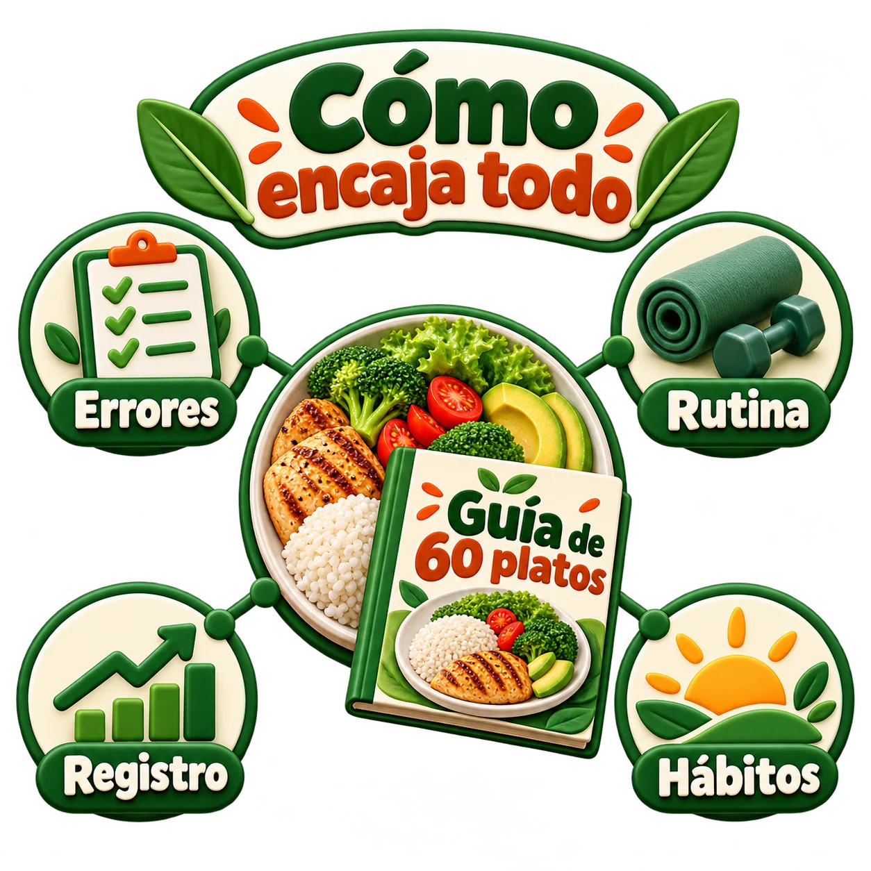 Cómo encaja todo: la Guía de 60 platos al centro, conectada con Errores, Rutina, Registro y Hábitos