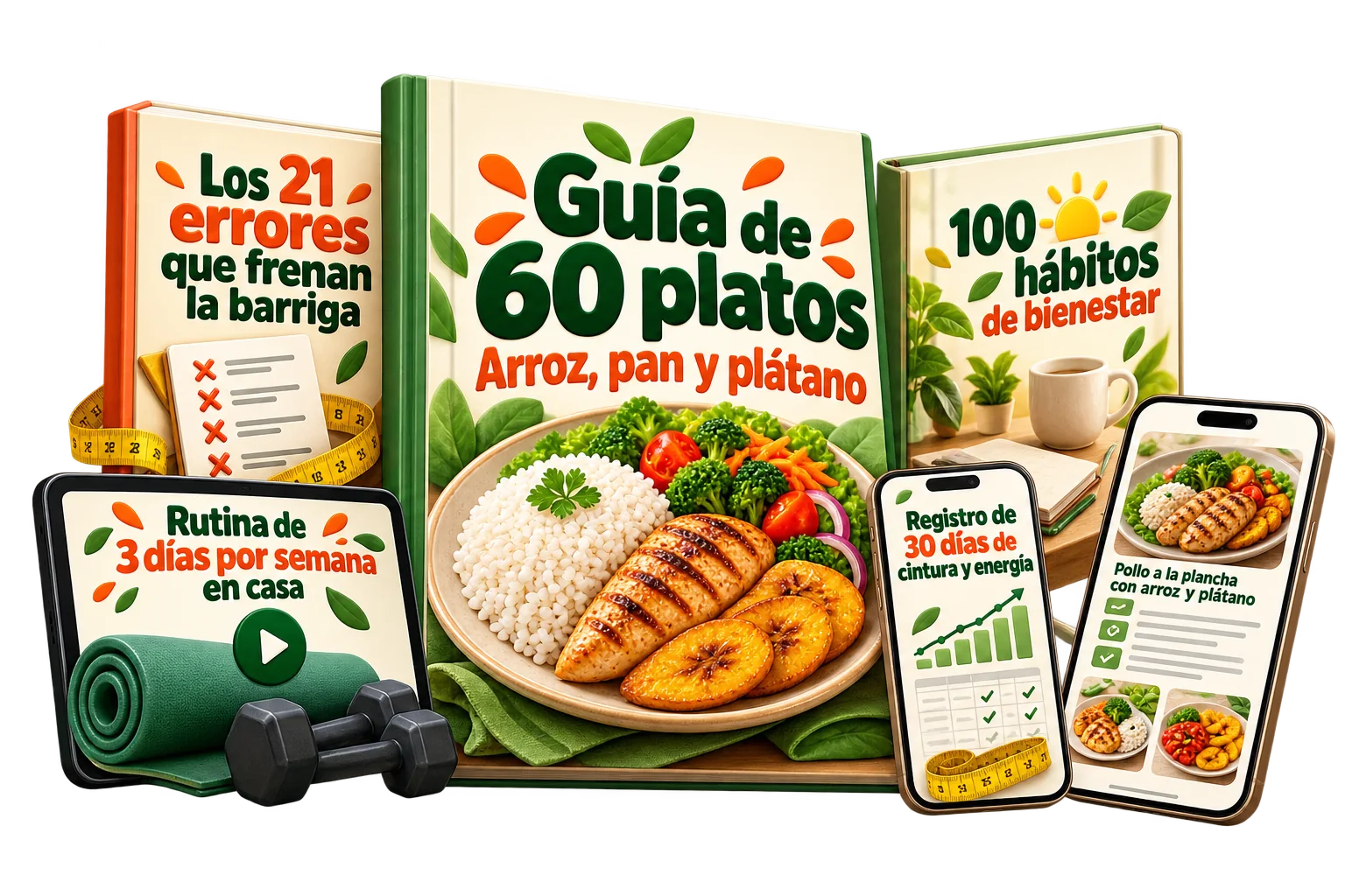 Guía de 60 platos con sus 4 bonos: Los 21 errores que frenan la barriga, Rutina de 3 días por semana en casa, Registro de 30 días de cintura y energía y 100 hábitos de bienestar