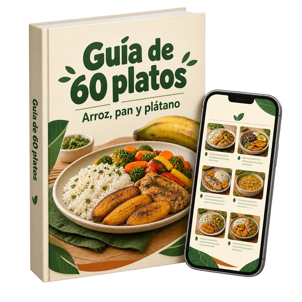 Portada de la Guía de 60 platos con un celular mostrando los platos